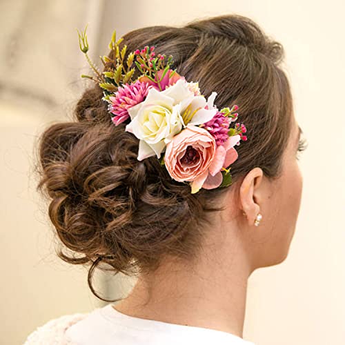 Cinaci 4 Pack Artificial Flower Metal Hair Side Combs Slides Clips Floral Wedding Bridal Headpieces Hairpins Barrettes Bun Chignon Hair Accessori