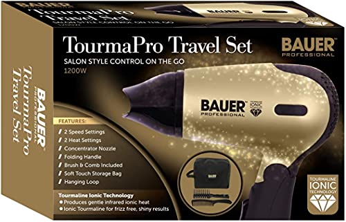 Bauer Professional 38850 Travel Hair Dryer Set / Compact 1200W Travel Hair Dryer with Folding Handle / Carry Case, Hairbrush & Comb / 2 Heat & Sp