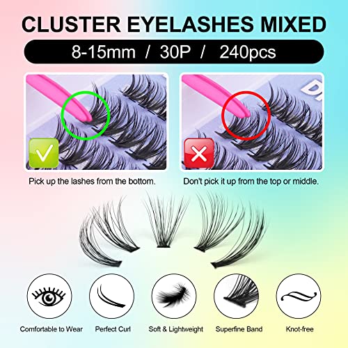 DIY Lash Extension Kit Cluster Lashes 240pcs Lash Cluster Individual Eyelash Extension Kit Natural D Curl Cluster Lash with Lash Bond and Seal, A
