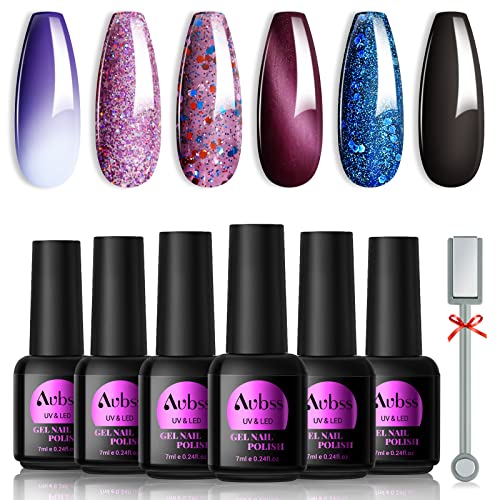 AUBSS Colour Changing Gel Nail Polish Set, 6 Colours Temperature Change Gel Polish Thermal Mood Chameleon Soak Off UV Gel Nail Kit Red Blue Orang