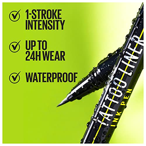 Maybelline Pen Eyeliner, Waterproof, Brush Tip Liner, Precise Lines, Tattoo Impact, Up to 24h Wear, Tattoo Liner Ink, Jet Black