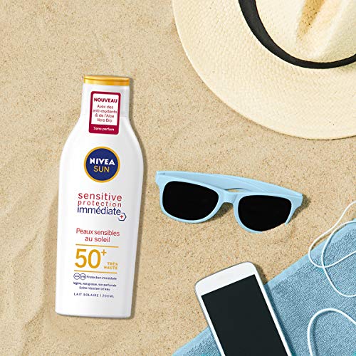 NIVEA Sun Sensitive Sun Lotion SPF 50+ (1 x 200 ml), Unscented & Water Resistant, Sunscreen Light Non-Greasy Texture