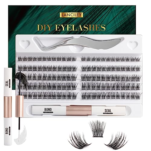 Lanciley Individual Lashes 45 Clusters Lashes C Curl DIY Eyelash Extension Kit at Home for Make-up Beginner False Eyelashes with Eyelash Glue Twe