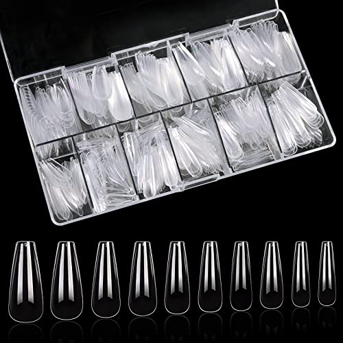 Sularpek Nail Tips, 500 Pcs Clear Natural False Nails, Long Coffin False Nail Tips, 10 Sizes Nail Tips for Nail Extensions, Artificial Nails Tips