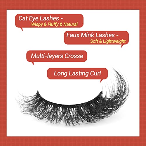 Ruairie False Eyelashes Cat Eye Lashes Fluffy Wispy Natural Eyelashes 20MM False Lashes Pack 8D Dramatic Volume Faux Mink Lashes Strip 7 Pairs
