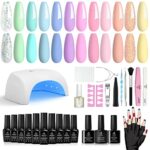 Beetles Gel Nail Polish with U V Light Starter Kit, 12 Colors Spring Pastel Gel Polish with Base Gel Top Coat Cuticle Oil, Soak Off Macaroon Gel
