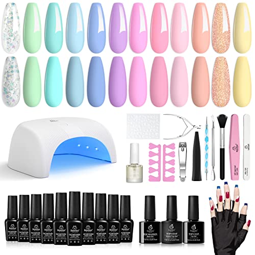 Beetles Gel Nail Polish with U V Light Starter Kit, 12 Colors Spring Pastel Gel Polish with Base Gel Top Coat Cuticle Oil, Soak Off Macaroon Gel