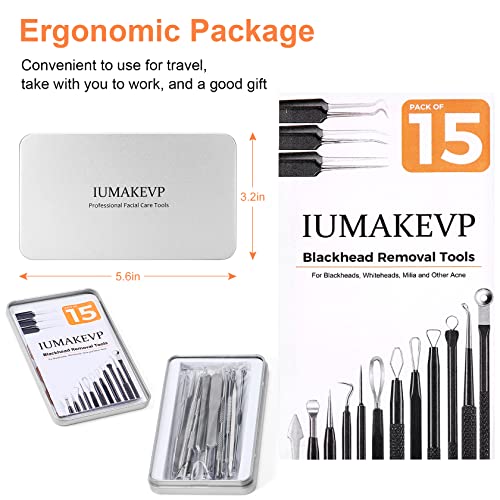 Blackhead Remover Tool Kit, IUMAKEVP 15 PCS Professional Stainless Steel Pimple Popper Comedone Extractor Tools for Removing Pimple, Blackheads,