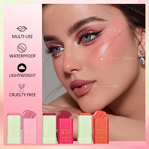 Erinde 3 in 1 Blush Stick for Cheeks Lips Eyes, Moisturing Face Blush, Natural Matte Cream Blush, Easy to Blend, Multi-Use Cheek Tint for All Ski