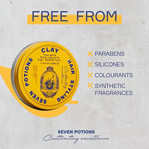 Seven Potions Men's Hair Styling Clay — Natural, Water-Based, Matte Hair Wax, High Hold Hair Styling Product — 100% Vegan, Cruelty Free (100ml)