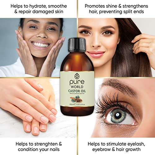 Pure World Castor Oil 250ML. Cold Pressed 100% Pure and Undeluted Hexane Free Natural for Eyebrows, Nails, Beard, Hair, Eyelash Growth Cruelty Fr