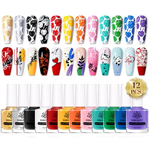 Born Pretty Nail Stamping Polish Spring Summer Fingernail Stamp Polish Set Manicure Print Nail Polish for Stamping Plates 12 Colors Bulk Nail Pol