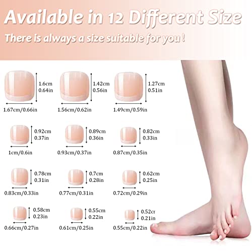French False Toenails Tips with Glue, 96Pcs Full Cover Short Fake Toe Nails, 12 Sizes French Artificial Acrylic Toe Nails with Nail Files, Stick