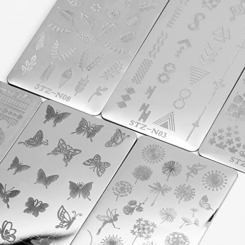 MWOOT 6Pcs Nail Art Stamping Plates Set,Flower Leaf Butterflies Feathers Nail Stencils Plates Manicure Print Tool,Nail Plates Image Stamp Templat