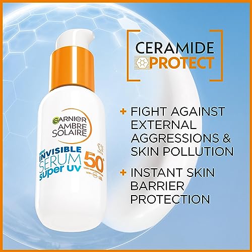 Garnier Ambre Solaire SPF 50+ Super UV Invisible Serum Moisturiser for Face, High Protection Against UVA & UVB, Sun Cream for all Skin Types, Wit