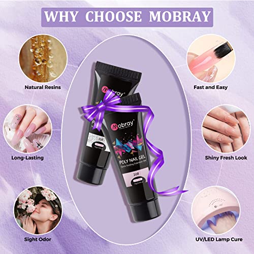Mobray Poly Nail Gel Kit 6 Colors, 15ml Black Red Extension Nail Gel Starter Professional Kit with Slip Solution, Base Top Coat and Clips