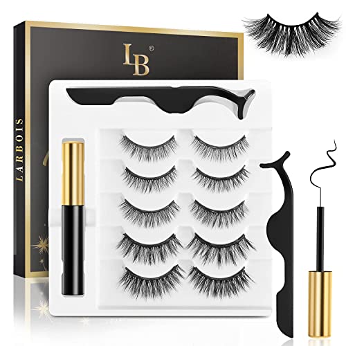 Magnetic Eyelashs Natural Look, Larbois 5 Paires with Eyeliner Kit, Self Adhesive&Reusable Fluffy Fake Eyelashes Set and Waterproof&Long Lasting