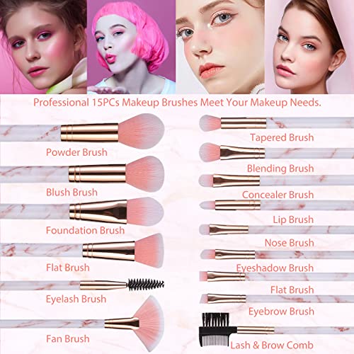 Makeup Brushes DUAIU 15PCs Pink Marble Makeup Brush Set Professional Premium Synthetic Make Up Brushes for Foundation, Powder, Blush, Contour, Co