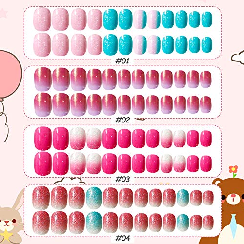 Kalolary 96PCS Kids False Nail, Children Nails Press on Pre-glue Full Cover Gradient Color Short False Nail Kit with 1pcs Nail Glue Sticker, Love