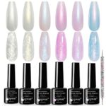 SUPWEE Pearl Gel Nail Polish Set - 6 Colors Thread Shell Gel Polish Glitter Shimmer Soak Off UV LED Lamp Shiny Pearlescsent Spiral Effect for Hom
