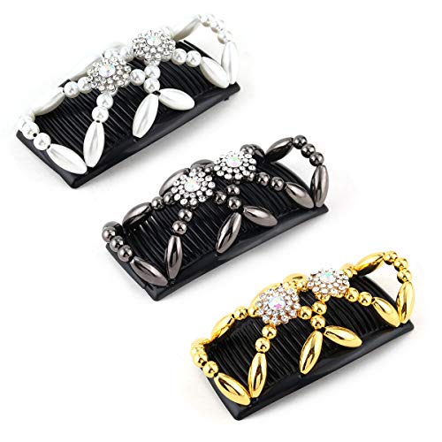 Kitchen-dream Magic Beads Hair Comb 3pcs Magic Elastic Hair Combs Double Clips Hair Holder Stretch Double Side Combs Clips for Women Girls Hair A