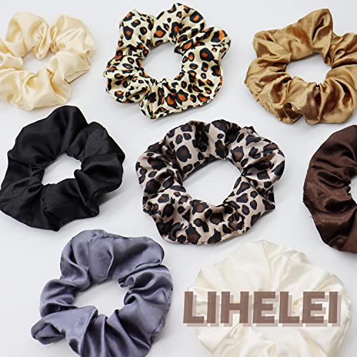 LIHELEI 8PCS Women Hair Scrunchies, Leopard Silk Satin Ponytail Holder, Solid Color Elastic Hair Bands Scrunchy Hair Ties Ropes for Women Girls L