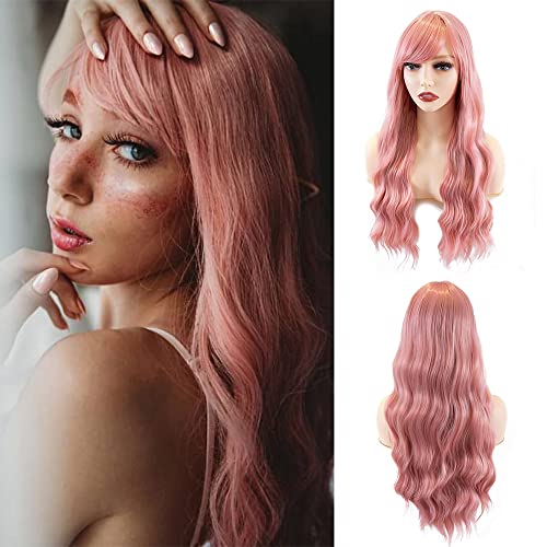 iShine Burgundy Red Wigs for Women Long Wavy Wine Red Wigs with Fringe Synthetic Wig Heat Resistant Natural Hair for Daily Party Cosplay Use Gift