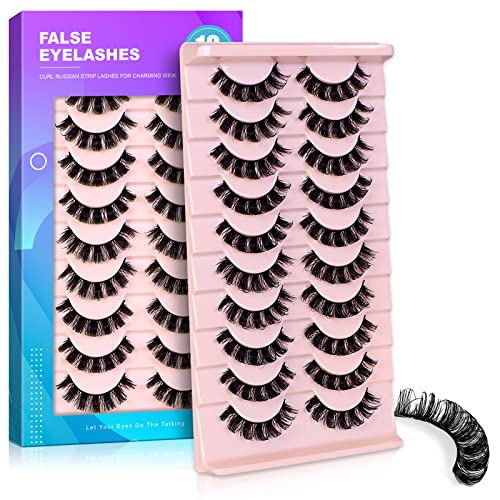 False Eyelashes Russian Volume Strip Lashes,Wispy D Curl Fake Eyelashes,Faux Mink Lashes Natural Look Fluffy Russian Strip Lashes 3D Effect 10 Pa