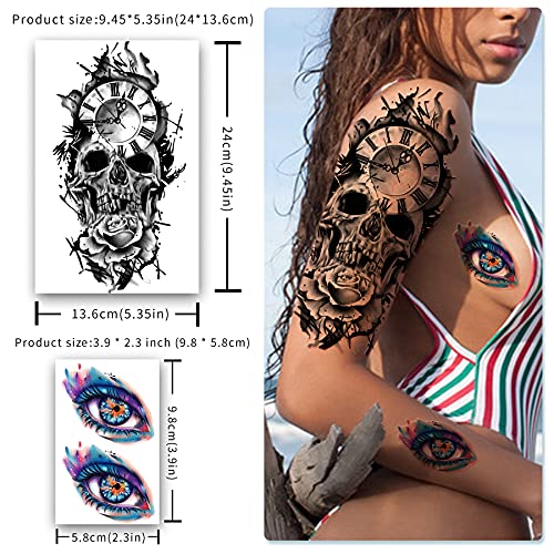 Metuu 49 Sheets Black Half Sleeve Waterproof Temporary Tattoo for Adult Men and Women, 3D Flower Animal Fake Tattoo Stickers for Teen Girls Body