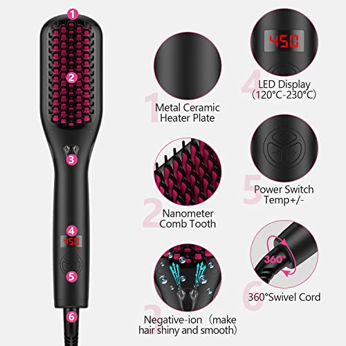 Hair Straightener Brush, MiroPure Enhanced Ionic Hair Straightening Brush, 30s Fast MCH Heating, 12 Temperature Settings, Temperature Lock & Auto