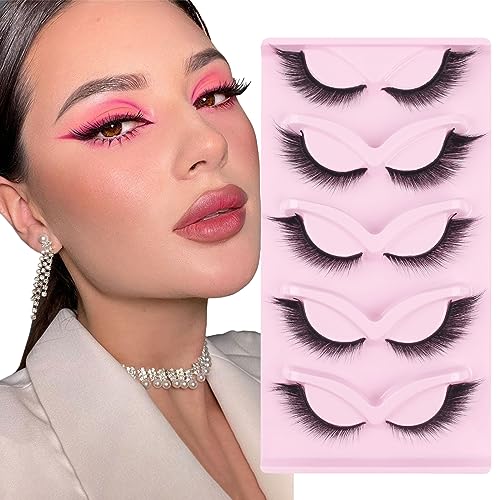 Cat Eye Lashes Natural Look Faux Mink Fake Eyelashes Light Volume False Lashes Fluffy Strip Lashes Multipack 3D 5 Pairs Pack by Glowingwin