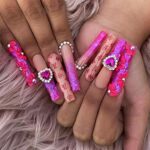 Coffin Fake Nails Extra Long, 24Pcs Pink Gradient False Nails, Press on Nails with Flower and Heart Rhinestone, Ballet Pink Glitter French Nail T