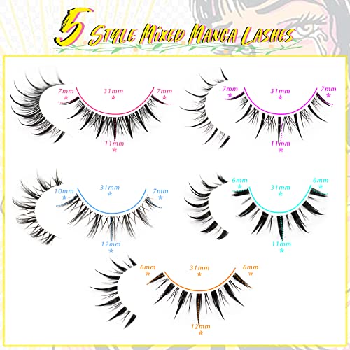 EMEDA 10 Pair Manga Lashes 5 Styles Mixed Anime Lashes 100% Handmade Transparent Band Manga Eyelashes Natural Look Spiky Manga Lashes Wispy Hybri