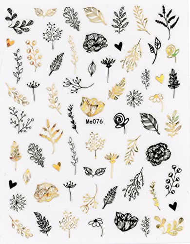 9 Sheets Black Gold Leaves Nail Art Stickers Decals Self-Adhesive Grass Leaves Butterfly Dragonfly Insect Design Manicure Tips Nail Decoration fo