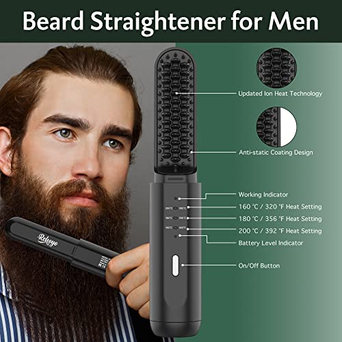 Beard Straightener Brush, REHOYO Cordless Hair Straightening Comb with Different 3 Temperature, Rechargeable Anti-Scald and Auto-Off of Portable