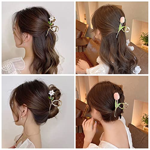 Large Metal Hair Clips Tulip Hair Clips Flower Hair Claw Clips Women Nonslip for Thicken Hair Curly Straight Long Hair - 2PCS (Tulip + lily)