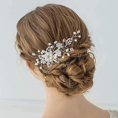 Bridal Wedding Hair Clip Comb,Pearl Wedding Hair Accessories,Bridal Decoration Hair Comb Headpiece for Women Girls Brides Bridesmaids Sparkly Bea