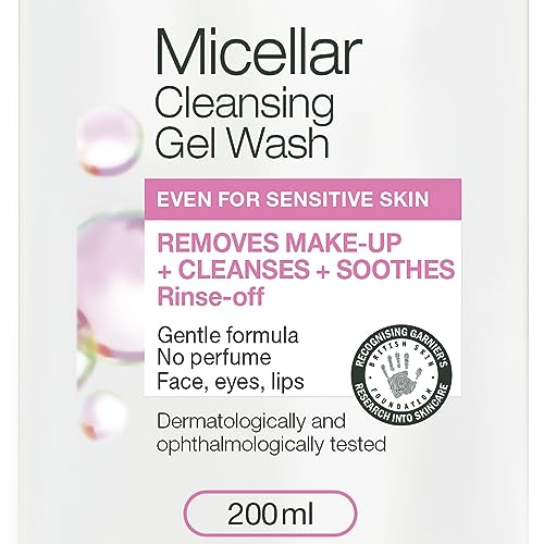Garnier Micellar Gel Face Wash For Sensitive Skin 200ml, Gentle Face Cleanser & Makeup Remover, Recognised By The British Skin Foundation, Rinse-