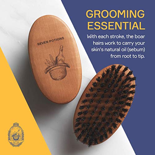 Seven Potions Boar Bristle Beard Brush For Men — Made of Pear Wood with 100% First-Cut Boar Hair — Firm Bristles To Tame and Soften Your Facial H