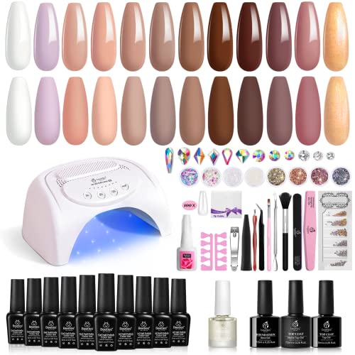 Beetles Gel Nail Polish with U V Light Starter Kit, 12 Colors Spring Pastel Gel Polish with Base Gel Top Coat Cuticle Oil, Soak Off Macaroon Gel