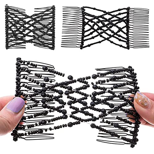 Stretch Beaded Hair Combs,Magic Crystal Beads Slides,Elastic Pearls Double Combs Vintage Double Slide Clips DIY Hair Accessories for Women 2PCS