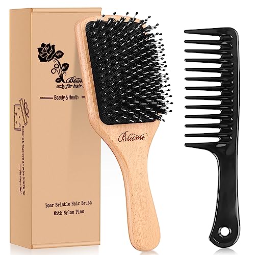 Bsisme Boar Bristles Hair Brush,Detangling Hairbrushes for Long Short Curly Straight Fine Hair,Women Men Boys Girls Hairbrush (Normal square)