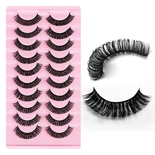 Russian Strip Lashes D Curl False Eyelashes Fluffy Curly Faux Mink Lashes 3D Effect Short Lashes Lightweight 10 Pairs Pack (#03)
