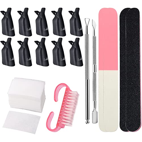 Gel Nail Polish Remover Tools Kit, VEGCOO 10 Pcs Nail Polish Remover Clips, 4 Nail Files, 200 Pcs Nail Wipe Cotton Pads, 2 Cuticle Pusher & a Nai