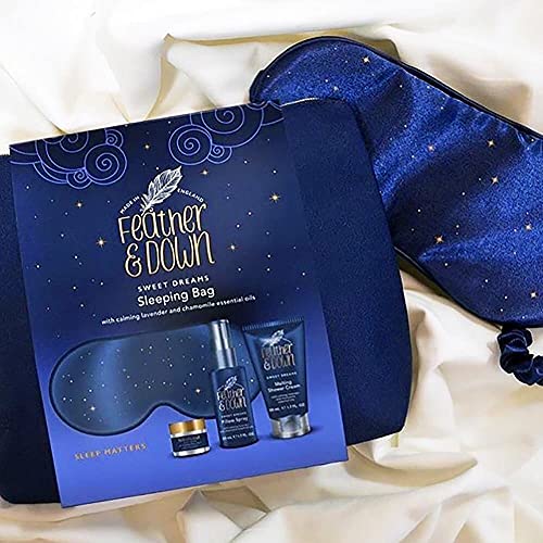 Feather & Down Sleeping Bag Gift Set (luxury eye mask, sleep balm, pillow spray and shower cream) - with calming lavender & chamomile essential o