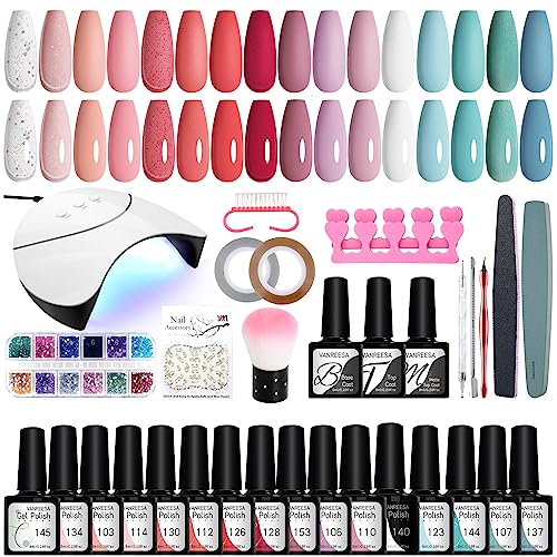 Gel Nail Kit, VANREESA with 36W U V LED Nail Lamp 16 Pcs Gel Nail Polish Set All Seasons Glossy Matte Top Base Coat Gel Nail Starter Kit White Re