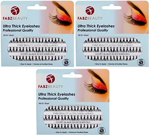 Ultra Thick Knotted Individual Cluster Eyelashes False Lashes Fabz Beauty (Pack of 3 - Long 12mm)