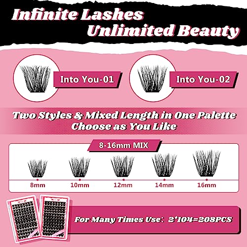 DIY Lash Extension Kit Cluster Lashes Kit with 208 Pcs Lash Clusters Lash Bond Remover Eyelash Applicator Beginner DIY Lashes Kit Easy to Use (In