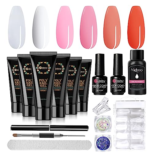 Mobray Poly Nail Gel Kit 6 Colors, 15ml Black Red Extension Nail Gel Starter Professional Kit with Slip Solution, Base Top Coat and Clips