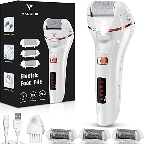 Electric Foot File, Vxdoirk Rechargeable Waterproof Feet Hard Skin Remover Foot with 3 Replacement Rollers and 2 Speeds,Battery Display Dry Dead